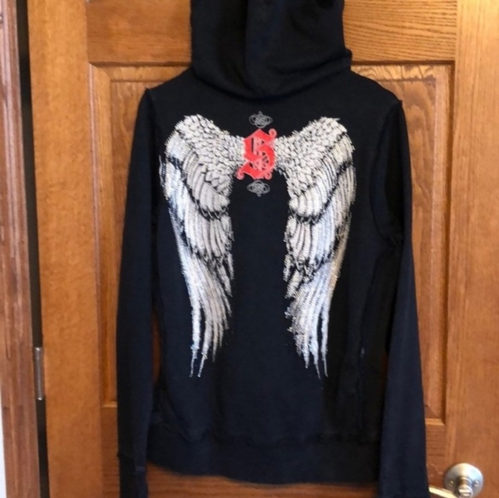 Sinful Rare Black Cotton Hoodie With Rhinestone Wings